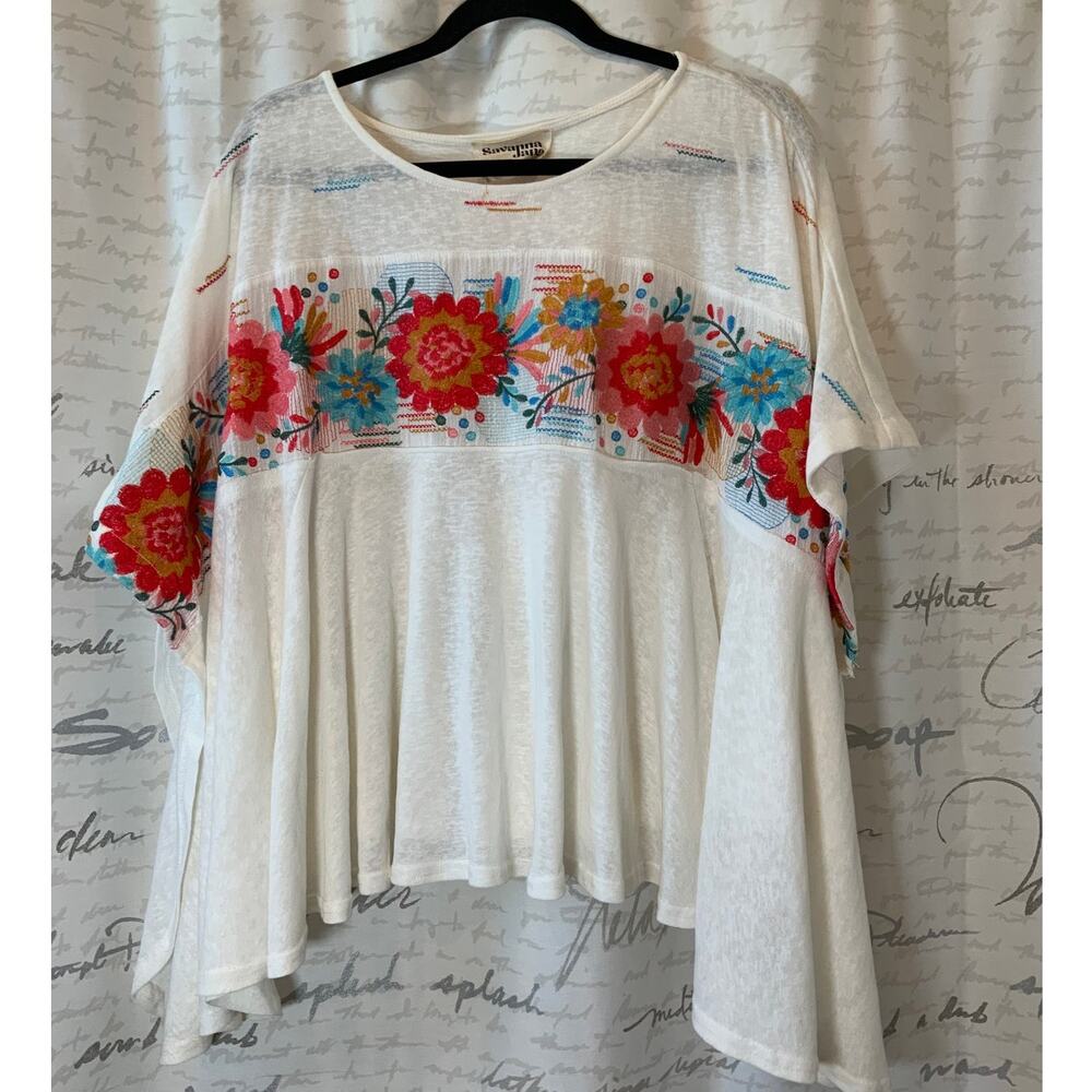 Savannah Jane White Floral Embroidered Boho Poncho Top S/M